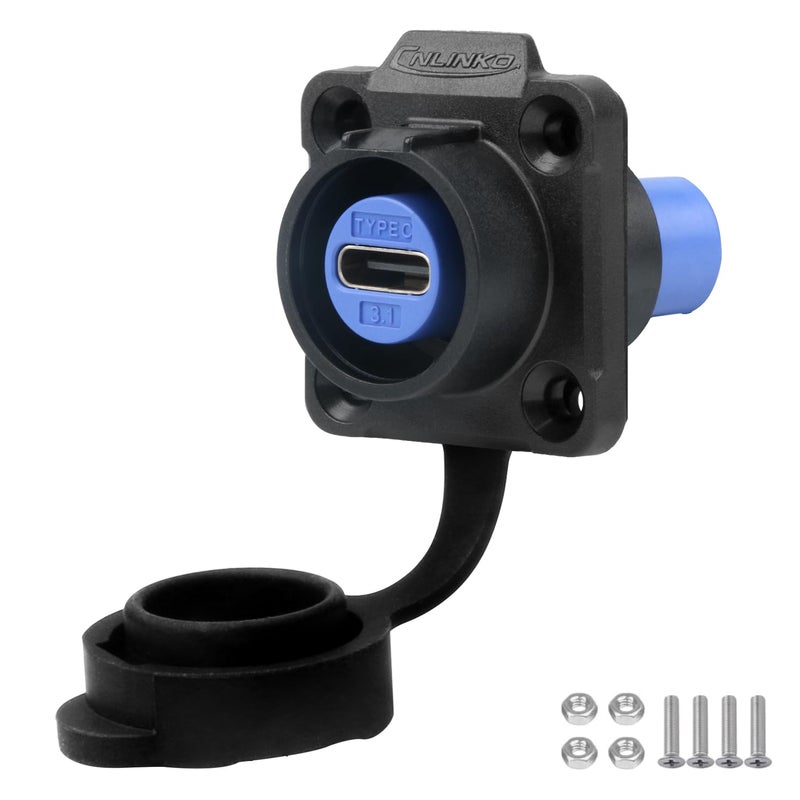 CNLINKO LP-16 Type-C Port Waterproof Connector IP67 4-Hole Plastic Panel Mount Receptacles Socket with Sealing Cover - Image 1